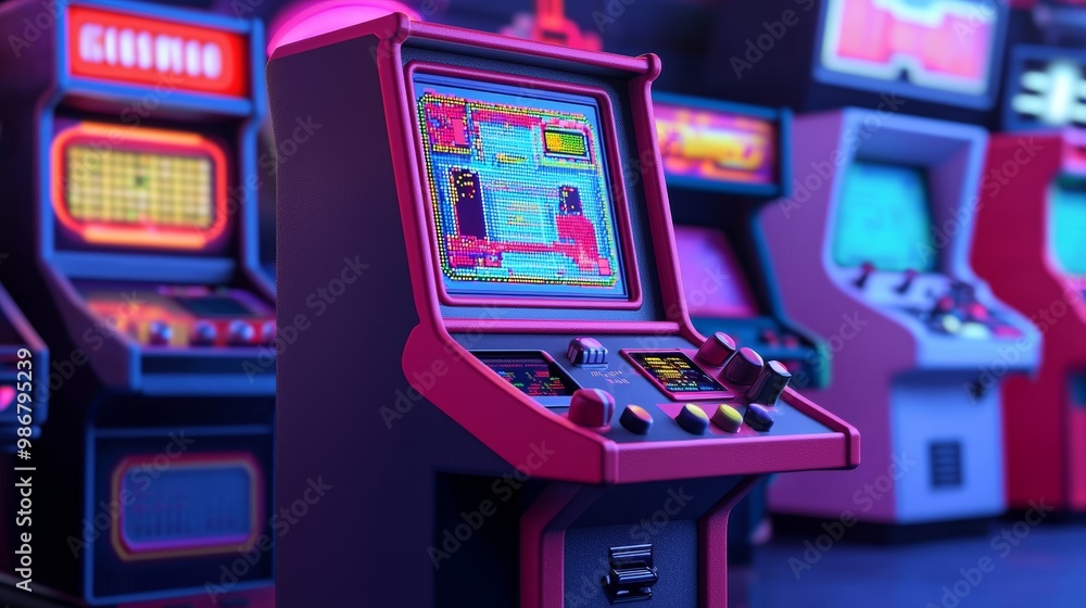 A vibrant arcade game machine in neon colors stands out, surrounded by other retro gaming cabinets, evoking nostalgia for classic video games. A vibrant arcade game machine in neon colors stands out, surrounded by other retro gaming cabinets, evoking nostalgia for classic video games.