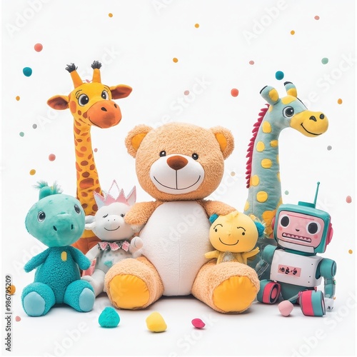 A delightful collection of colorful plush toys featuring a bear, giraffes, a robot, and other charming characters.