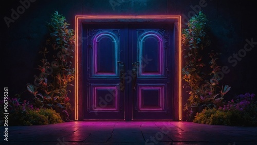 neon lights on a wooden background