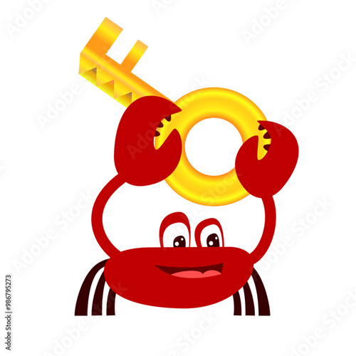 Crab cartoon character holding a golden key. Vector illustration. Suitable for security breaches and animal content