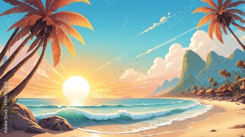 Sunny Beach Sunrise Cartoon Background Design
