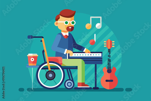 A disabled musician is happily playing a keyboard while seated in a wheelchair, surrounded by musical instruments, Customizable cartoon illustration of a disabled musician.