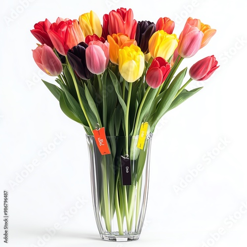 A vase filled with tulips, each stem tagged with a Black Friday discount, cheerful and inviting, isolated on white background photo