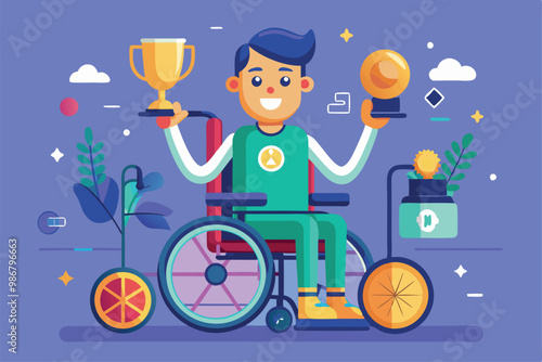 A cheerful individual in a wheelchair holds trophies, symbolizing triumph and inclusivity in sports, Customizable flat illustration for disabled winner.