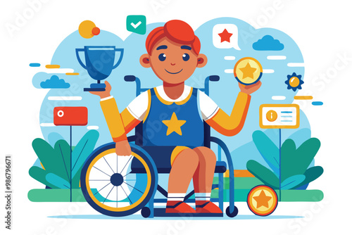 A disabled individual in a wheelchair proudly displays a trophy and medals, celebrating their success, Customizable flat illustration for disabled winner.