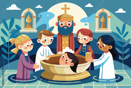 A priest performs a baptism ceremony with children participating in a calm outdoor environment, Customizable illustration of a disproportionate baptism