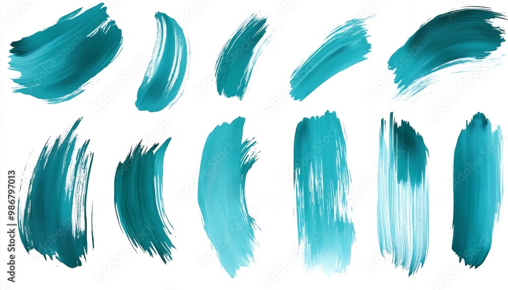 Variety of turquoise paint strokes on white background Variety of turquoise paint strokes on white background