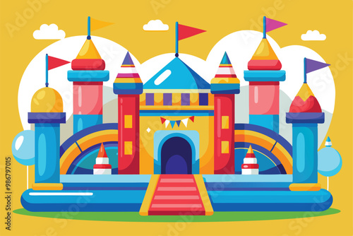 A vibrant bouncy castle featuring colorful towers and flags, inviting playful activities under a sunny sky, Customizable illustration of a disproportionate DJ boy.