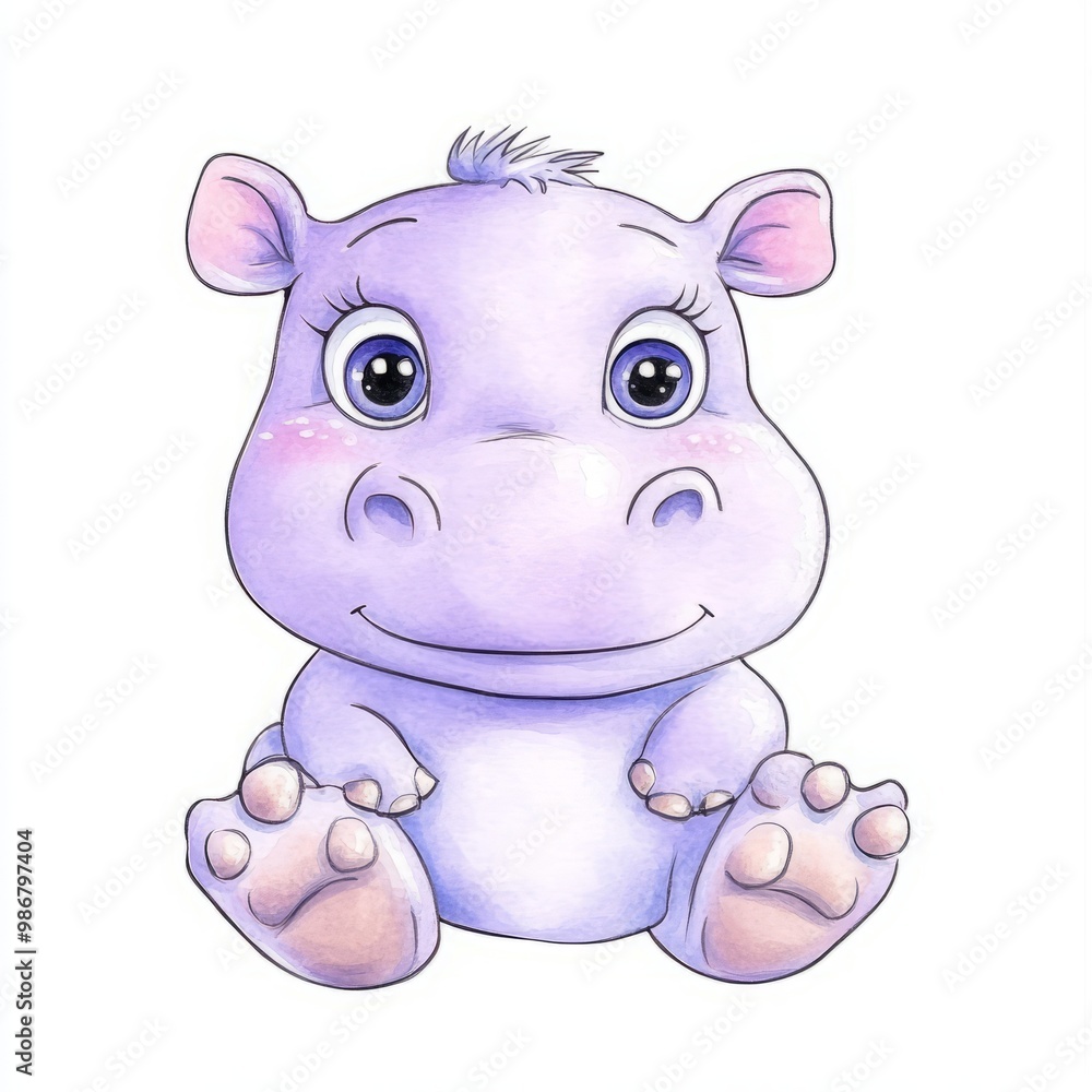 Naklejka premium Cute cartoon purple hippo with big eyes and a friendly smile.