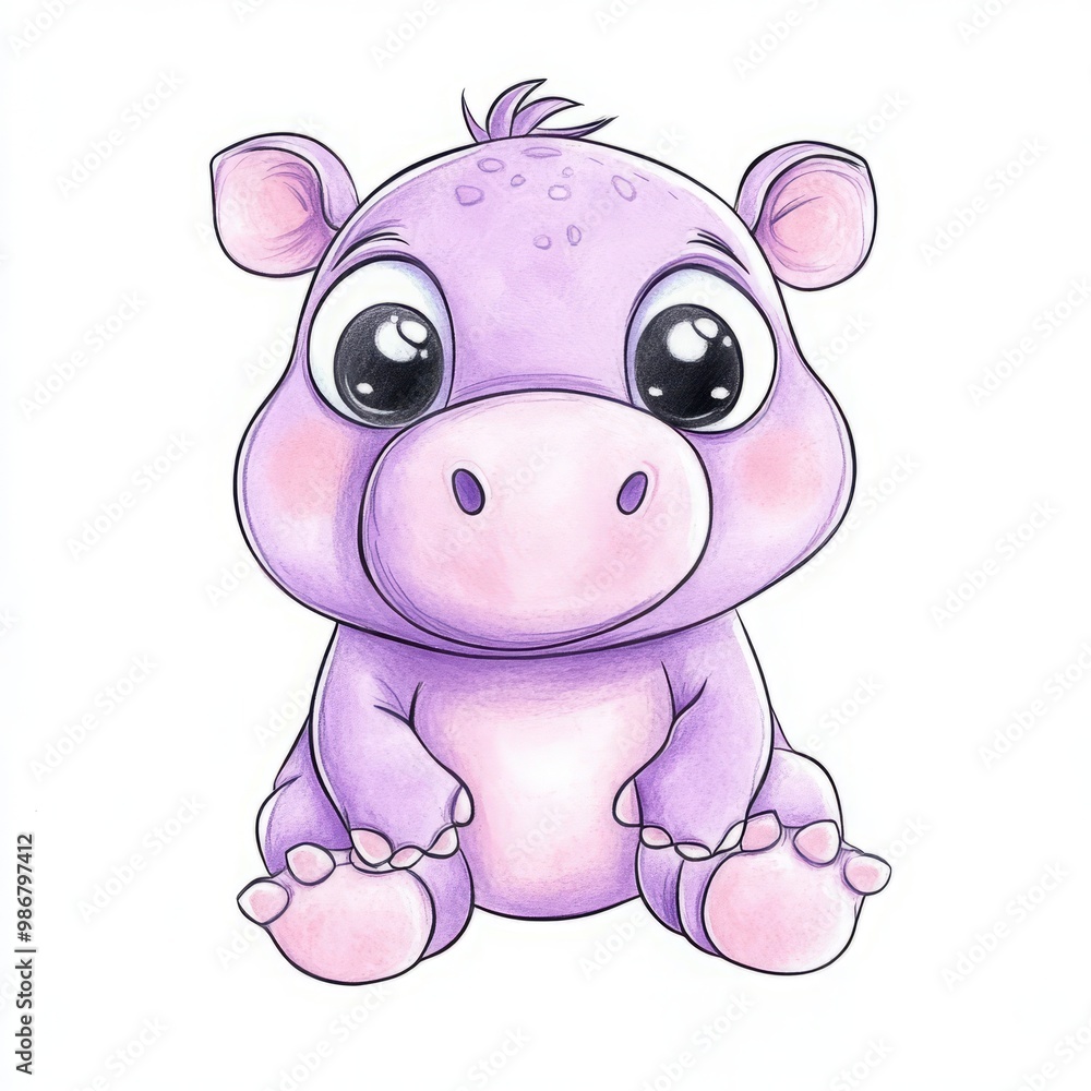 Fototapeta premium Cute cartoon purple hippo with big eyes, sitting adorably.