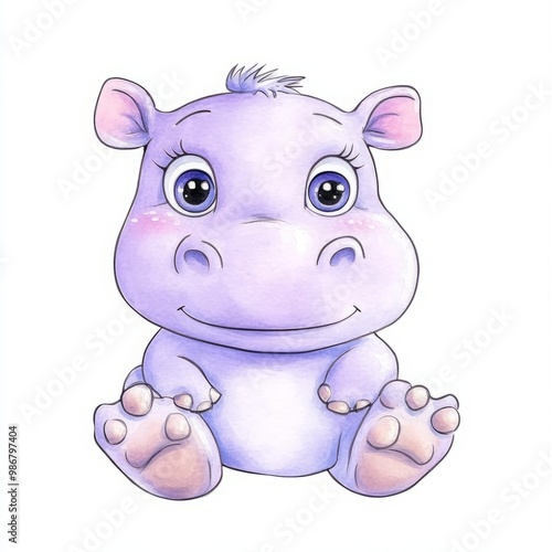 Cute cartoon purple hippo with big eyes and a friendly smile.