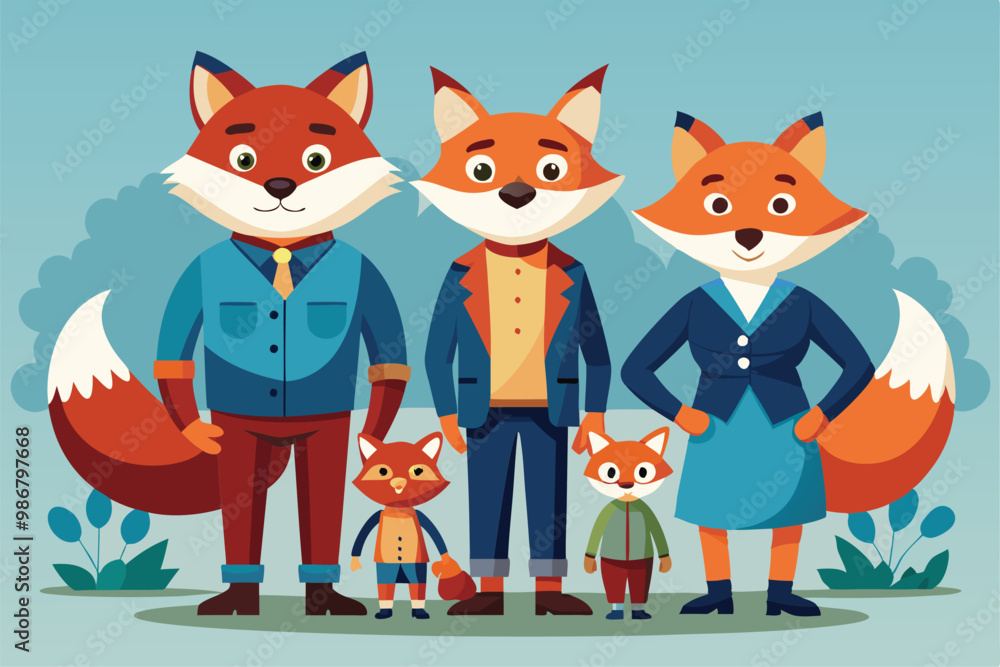 A playful portrayal of a fox family featuring distinct characters in a vibrant outdoor environment, Customizable illustration of a disproportionate Fox family. A playful portrayal of a fox family featuring distinct characters in a vibrant outdoor environment, Customizable illustration of a disproportionate Fox family.