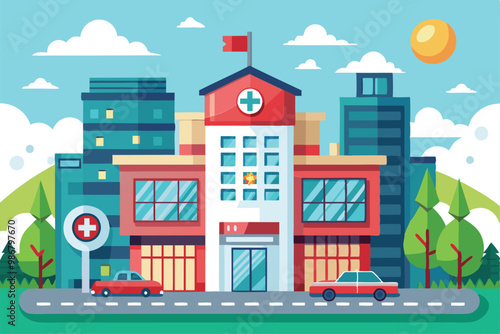 A vibrant illustration showcases a hospital surrounded by urban buildings, trees, and a sunny sky, Customizable illustration of disproportionate shots.