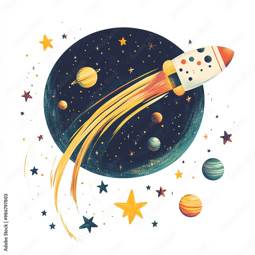 Fototapeta premium A comet zooming through space with a Black Friday banner trailing behind it, surrounded by stars and planets, playful and cosmic, isolated on white background