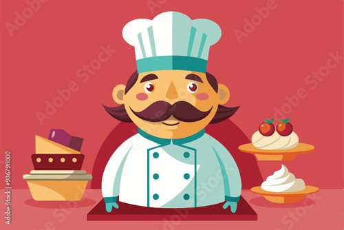 A friendly chef stands ready to create delicious desserts, surrounded by treats and sweets in a vibrant kitchen, Customizable illustration of a disproportionate palm tree.