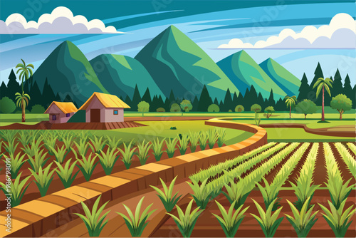 A vibrant illustration shows a scenic agricultural landscape with mountains, crops, and two houses, Customizable illustration of a disproportionate roofer.