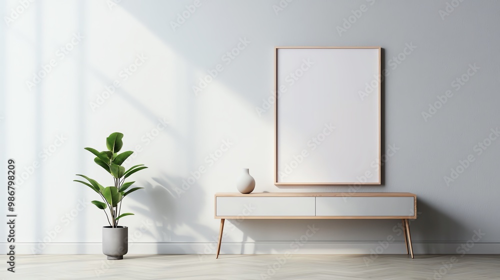Modern interior design featuring a minimalist furniture setup with a large blank frame, stylish decor, and a serene plant. Modern interior design featuring a minimalist furniture setup with a large blank frame, stylish decor, and a serene plant.