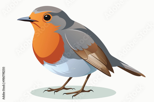 A colorful bird with a prominent orange chest and gray-blue body is depicted in an upright position, Customizable illustration of a disproportionate roofer.