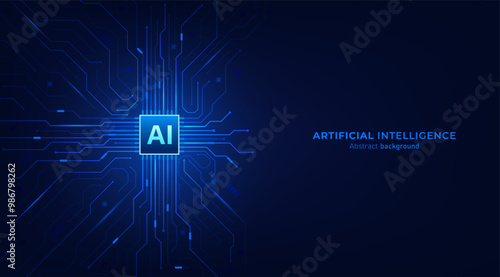 Ai chip on circuit board blue background. Artificial intelligence and Machine Learning technology futuristic design. Vector illustration design for banner and template.