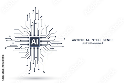 Ai chip on circuit board blue background. Black-white tone. Artificial intelligence and Machine Learning technology futuristic design. Vector illustration design for banner and template.