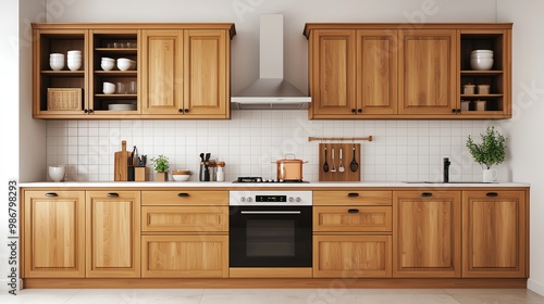 Modern wooden kitchen with elegant cabinetry, a stovetop, and stylish decor, perfect for interior design inspiration.