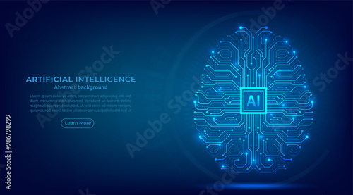 Digital brain with AI chip and circuit in blue background. Artificial intelligence and innovation futuristic technology concept. Vector illustration art work for web, banner and template.