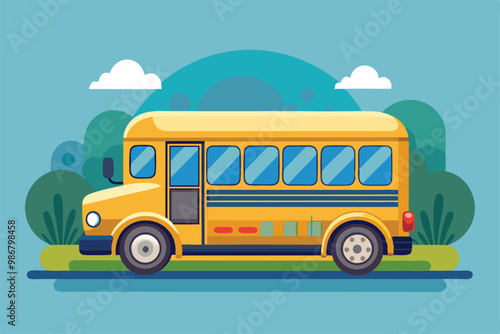 A cheerful yellow school bus travels down a road surrounded by greenery and fluffy clouds, Customizable illustration of a disproportionate sunrise.