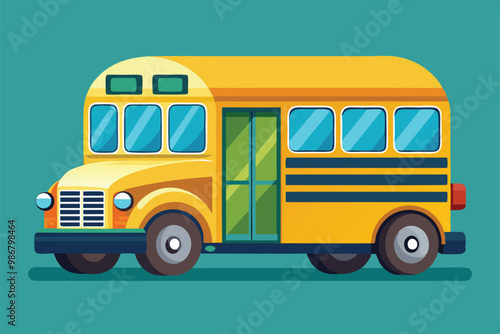 A cheerful yellow school bus with large windows is illustrated in a vibrant teal setting, perfect for customization, Customizable illustration of a disproportionate sunrise.