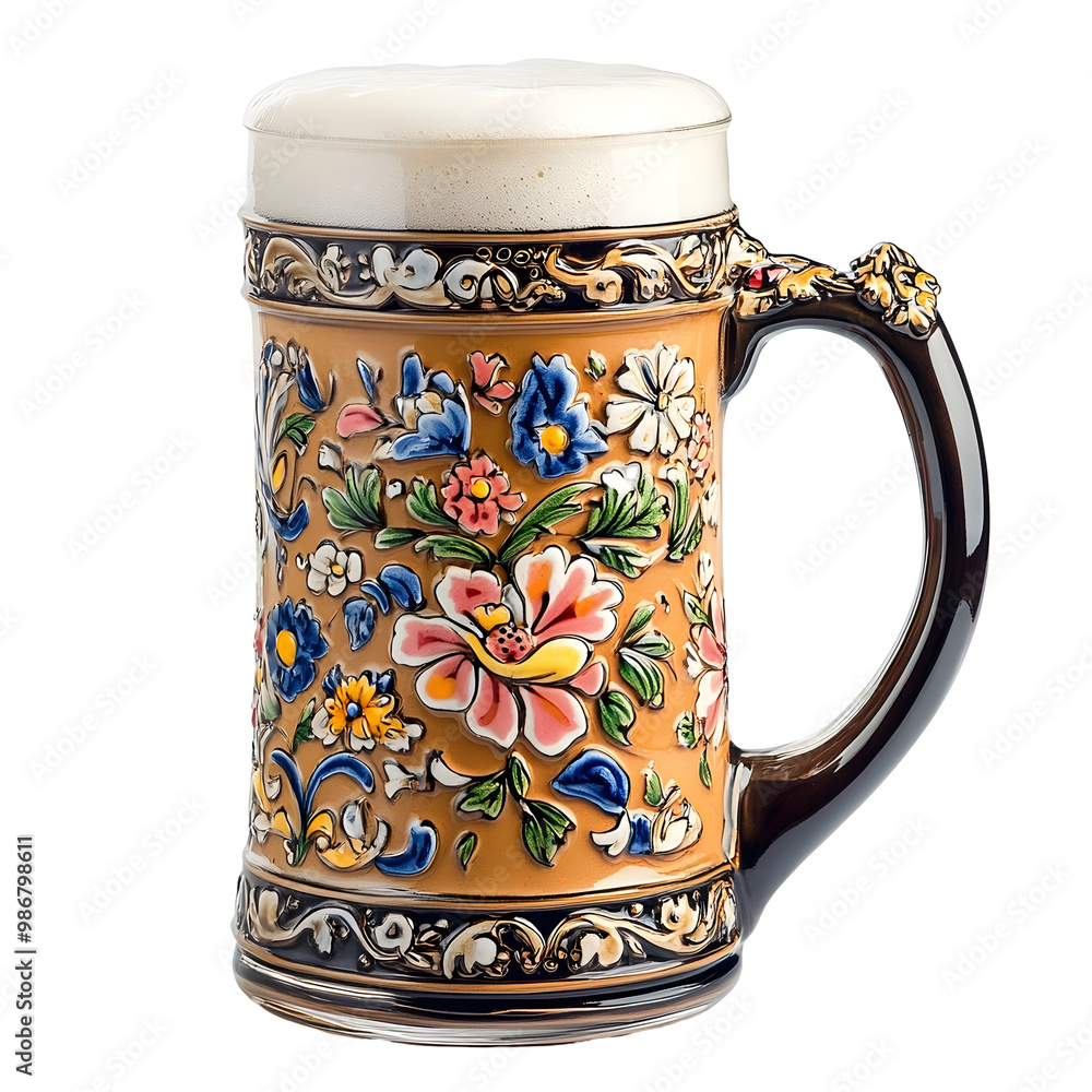 Elaborate German Beer Stein with Floral Motifs on White Background Elaborate German Beer Stein with Floral Motifs on White Background