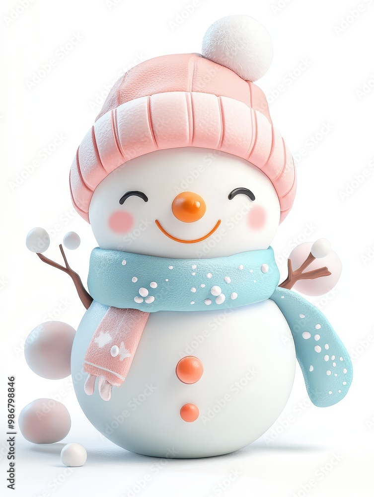 Fototapeta premium Charming snowman wearing a pink hat and blue scarf, smiling joyfully amidst a snowy backdrop, perfect for winter themes.