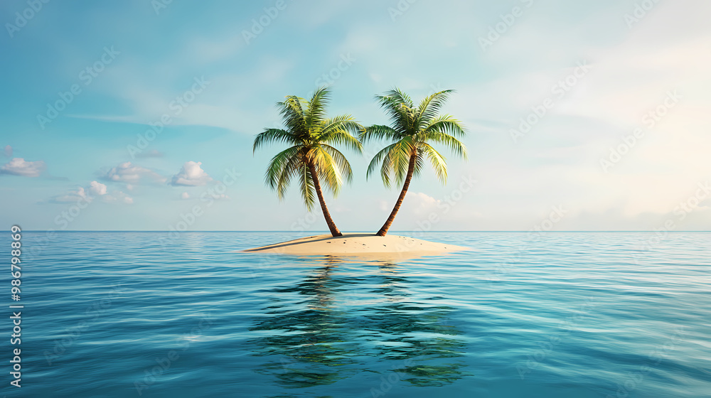 A small island with two palm trees on its surface. Deserted Island. Illustration A small island with two palm trees on its surface. Deserted Island. Illustration