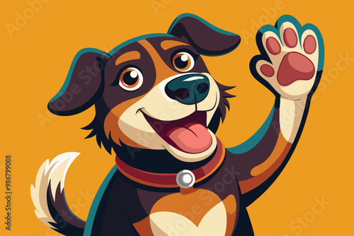 A joyful dog with a big smile is giving a high five, showcasing its playful personality and charm, Customizable flat illustration of a dog giving a high five.