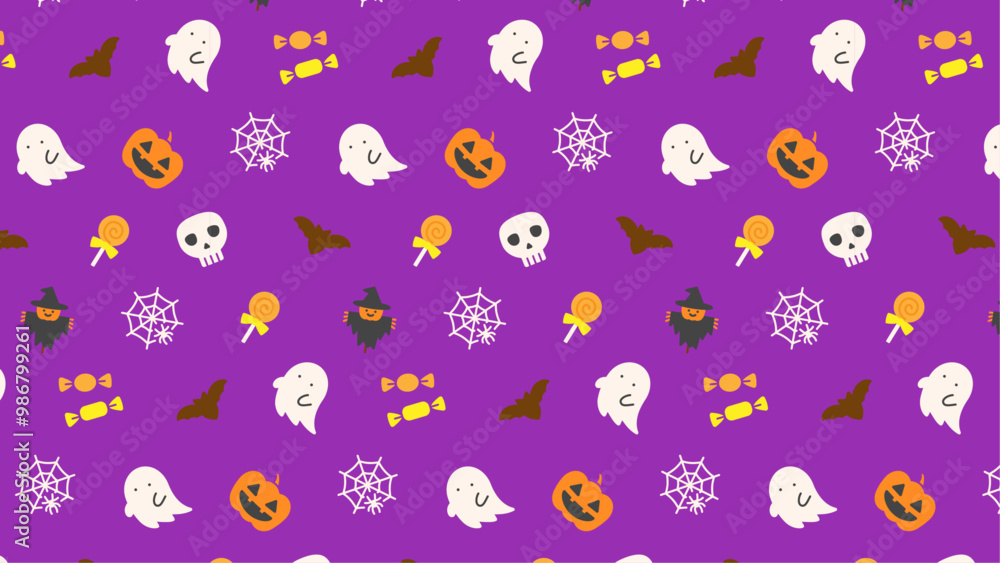 ハロウィンのアイコンのシームレスなパターン。カラフルでかわいいイラスト。