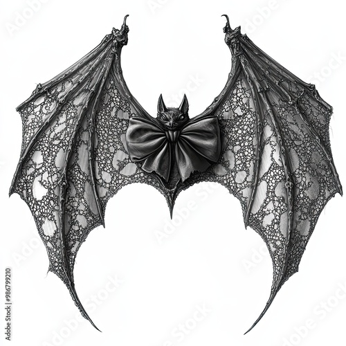 Gothic Bat Wings with Elegant Bow, Intricate illustration of gothic bat wings adorned with a detailed lace pattern and a sleek bow, blending spooky and elegant aesthetics.

