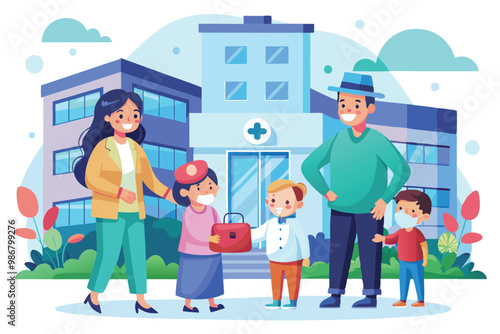 A family of four stands outside a hospital, cheerfully presenting a gift to a friend in need, Customizable illustration of a family visiting a hospital.