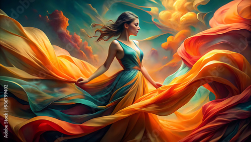 Create a vivid artwork featuring a model standing gracefully amidst swirling waves of vibrant fabric