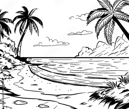 Beach scene landscape drawing