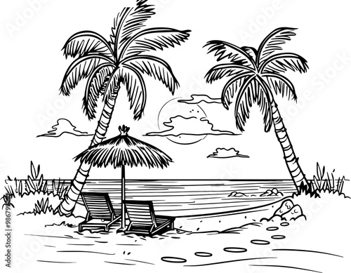 Beach scene landscape drawing