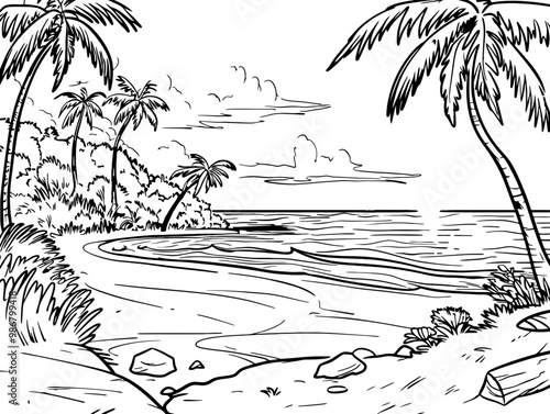 Beach scene landscape drawing