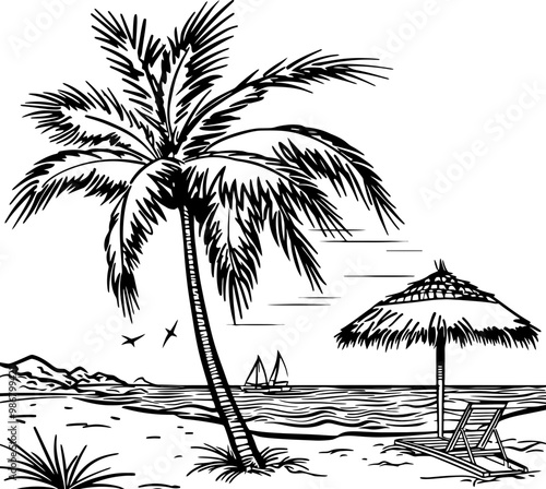 Beach scene landscape drawing