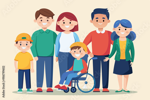 A cheerful family gathers together, showcasing love and inclusion, with a child in a wheelchair participating happily, Customizable illustration of a family with a disabled child.