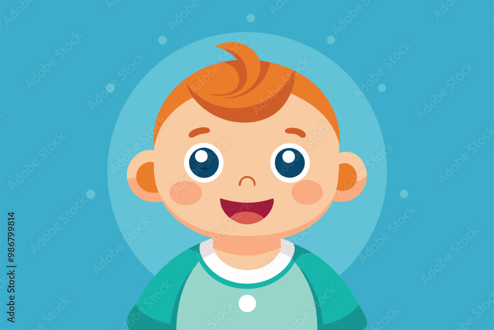 A joyful baby smiles widely, showcasing bright blue eyes and a playful hairstyle in a vibrant setting, Customizable illustration of a happy baby in a flat style. A joyful baby smiles widely, showcasing bright blue eyes and a playful hairstyle in a vibrant setting, Customizable illustration of a happy baby in a flat style.