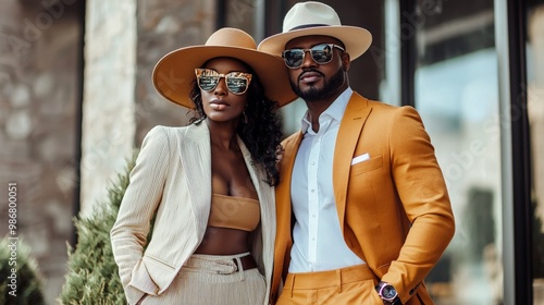 Stylish couple in coordinated outfits, blending casual and formal elements, accessorized with hats, sunglasses, and matching shoes photo