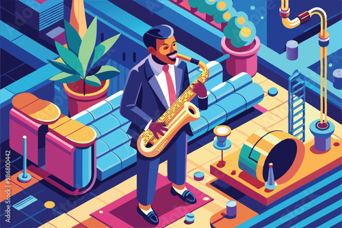 A jazz saxophonist plays passionately in a lively urban environment filled with color and energy, Customizable flat illustration of a jazz saxophonist