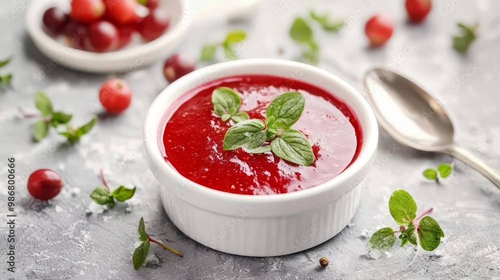 Cranberry sauce in a bowl, garnished with fresh herbs, top view, Watercolor style Cranberry sauce in a bowl, garnished with fresh herbs, top view, Watercolor style