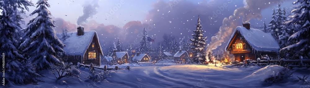A serene winter night scene with cozy cabins blanketed in snow, illuminated by warm lights amidst falling snowflakes. A serene winter night scene with cozy cabins blanketed in snow, illuminated by warm lights amidst falling snowflakes.