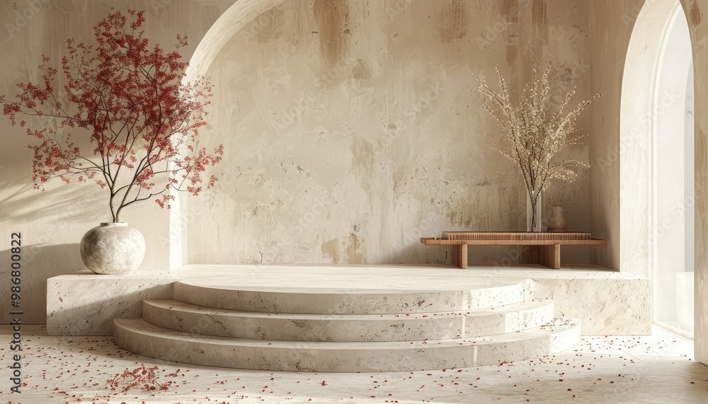 Minimalist Interior with Stone Steps and Flowers Minimalist Interior with Stone Steps and Flowers