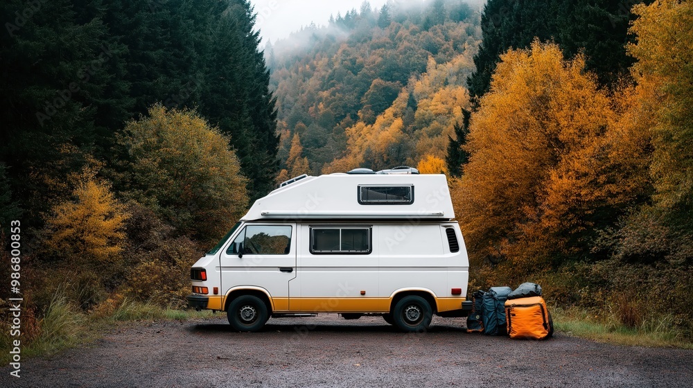 Autumn camper van parked on a road in a scenic forest landscape with colorful fall foliage and trees Autumn camper van parked on a road in a scenic forest landscape with colorful fall foliage and trees