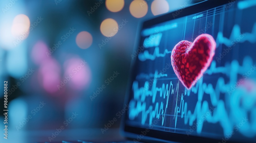 Beating heart rhythm and vital signs displayed on a digital medical ...