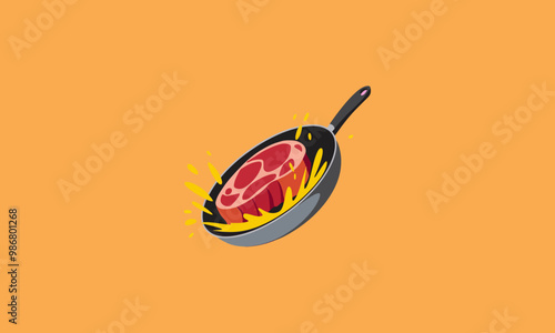 Steak sizzling in a frying pan vector illustration